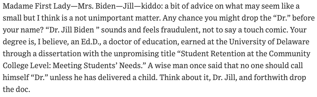 sandramarco's tweet photo. According to Joseph Epstein, it is "fraudulent" and "comic" to put "Dr" before your name unless you've delivered a child. Disappointing that @WSJ would publish such an ill-informed piece, suggesting that doctorates nowadays have no prestige #PhD #AcademicTwitter #phdlife https://t.co/DOjIElKSgF