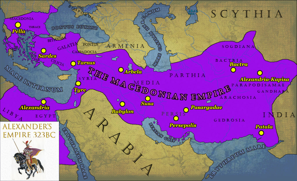18/89By this point, Alexander's Macedonian Empire stretched from Macedonia in the West to Ferghana and Punjab in the East. If Ferghana rings a bell, it's probably as the birthplace of Babur, founder of the Mughal Empire.But death halted Alexander's juggernaut abruptly.