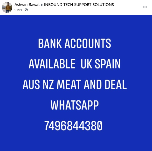 JimBrowning11's tweet photo. With scammers quite openly advertising UK, AUS and Spanish Bank Accounts (the picture is from a Facebook group), it would be so simple for a sting operation in Kolkata ... what do you think @KolkataPolice ?
I guess he should expect a 'meating' at some point... https://t.co/2D4BB2kT1x