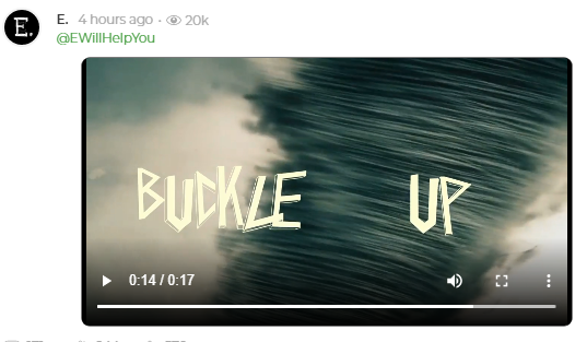 40. E posted a 17 second video of a twister with Buckle Up caption... I cant post parler vids here but this is a still...  https://parler.com/profile/EWillHelpYou/posts  #E