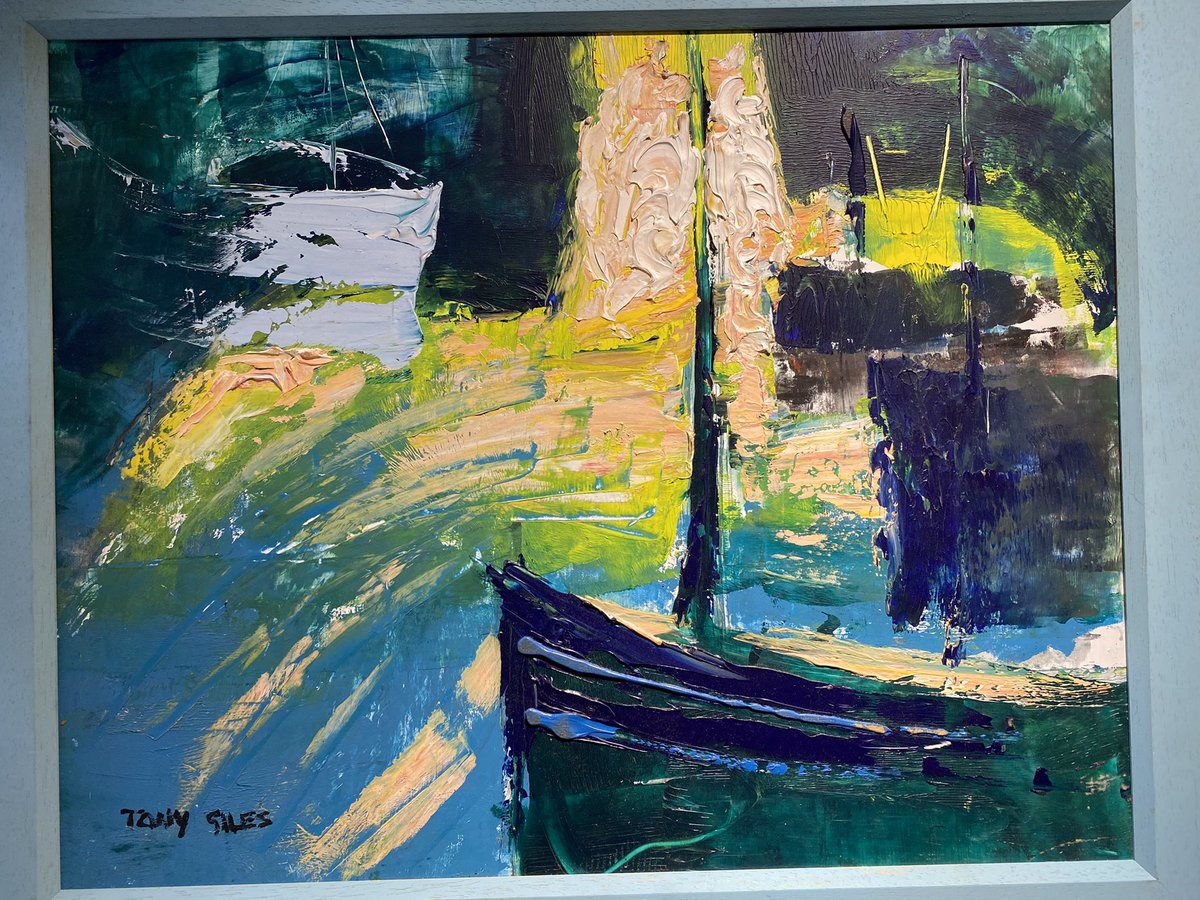 Vibrant oil painting of boats in a sunlit harbour by TONY GILES (1925 -1994) for sale at @landertruro and on view in Tony Giles exhibition NOW in Lemon Street Market. Info@landergallery.co.uk