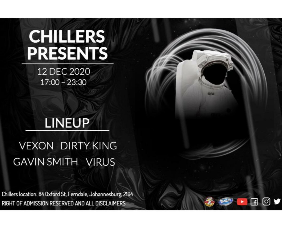 Chillers presents this weekend ‼️

Amazing lineup for this event👏
Vexon 
Gavin Smith 
Virus
Dirty King

Tickets available qkt.io/GELE4l 🎟
