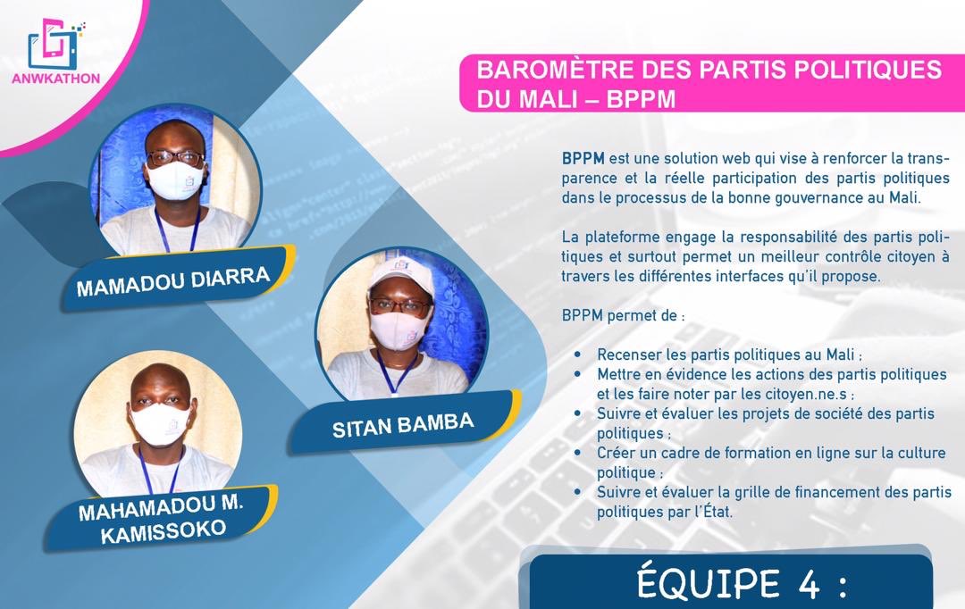 tuwindi's tweet photo. Découvrez le projet de l'équipe 4
#BPPM - Baromètre des Partis Politiques du Mali - une solution web qui vise à renforcer la transparence et la réelle participation des partis politiques.
Les TICs au service de la bonne gouvernance !
#Anwkathon #Equipe4 @PNUDMALI https://t.co/CRa7MTe4jI