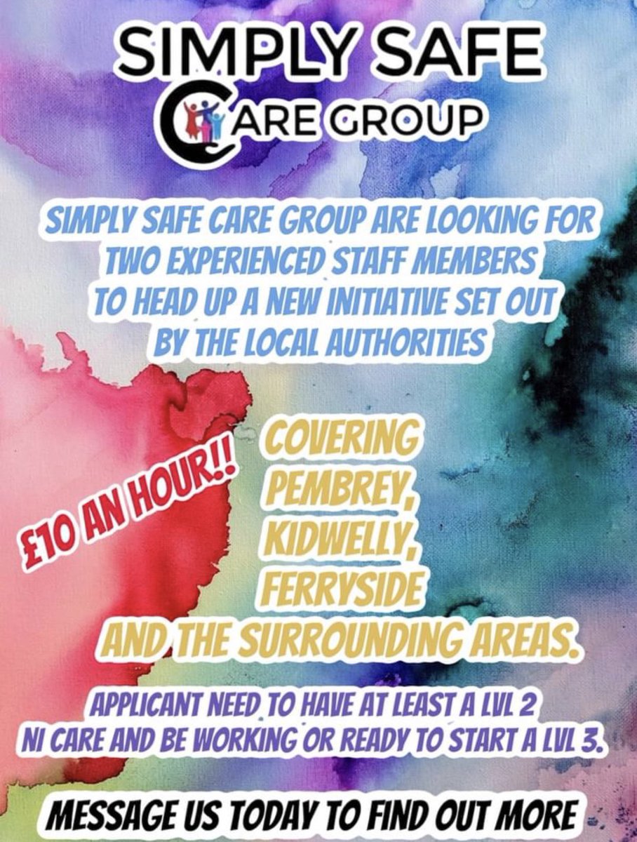 care_simply's tweet photo. NEW JOB OPPORTUNITIES AVAILABLE

Simply Safe Care Group are looking for experienced staff members to head up a NEW initiative set out by the local authorities in the Gwendraeth Valley area covering PEMBREY, KIDWELLY, FERRYSIDE &amp; the surrounding areas

Contact us to find out more. https://t.co/7uGP1BVbdw