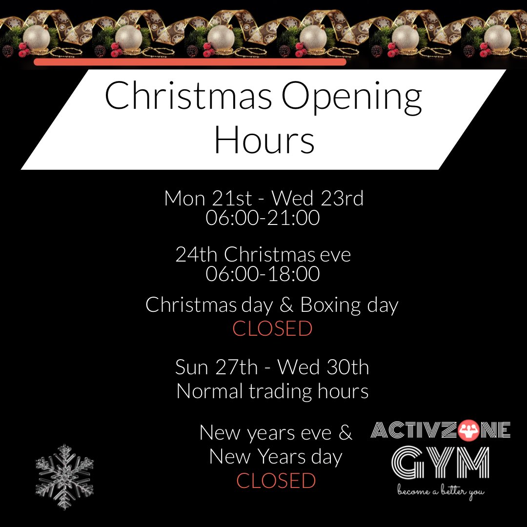 ActivZone's tweet photo. Activzone Christmas opening hours #openinghours #Christmas2020 #gymtimes #Guildford https://t.co/EXMReTNwfn