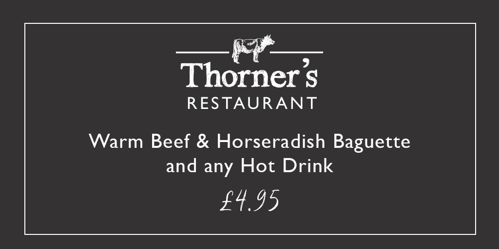 Pick up a Warm Beef &amp; Horseradish Baguette and any hot drink from Monday for just £4.95. Takeaway only.

View the full menu here ➡️ jonthorners.co.uk/restaurant/foo…