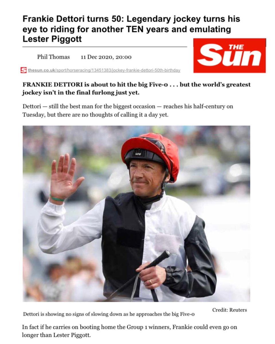 HTalentMgmt's tweet photo. Our client @FrankieDettori is showing no signs of slowing down! To celebrate his 50th birthday on Tuesday, Frankie sits down with The Sun for an exclusive interview; where he talks about his long career.
⁠                ⠀
Read his article via the link: https://t.co/l5zylKE2Ic https://t.co/38KxsxKPSg