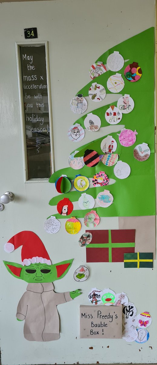 PreedyPhysics's tweet photo. The beginnings of my Holiday season door ! Excited to see what the rest of my classes produce for their baubles ! 🥰 https://t.co/YHyyaNgkug