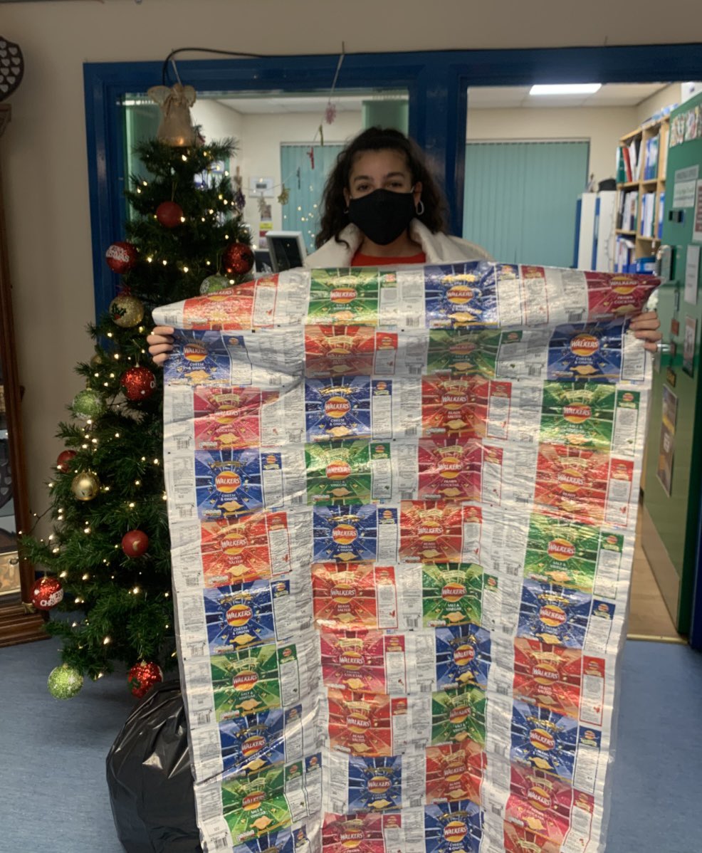 StMacartansPS's tweet photo. So lovely to see Elena back in St Macartan’s. Elena makes blankets for the homeless out of empty crisp packets. @ArkwrightTalent @assumptionlive @MariaSamuel68 @C2kNewsdesk @bbcnewsline https://t.co/HguZsCsVAr
