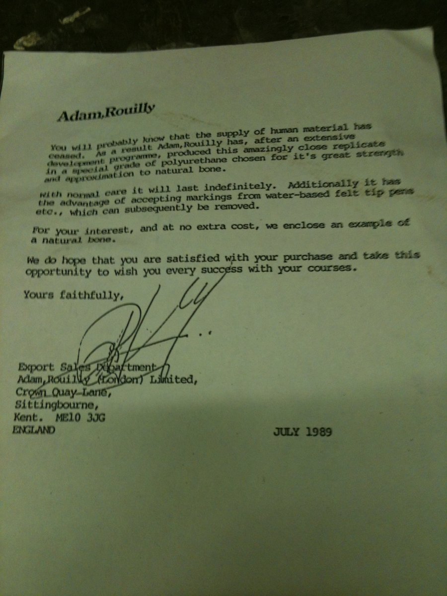 In the 1980s things moved towards using replica bones for teaching purposes - here's a letter from 1989 about the advantages of using plastics instead.