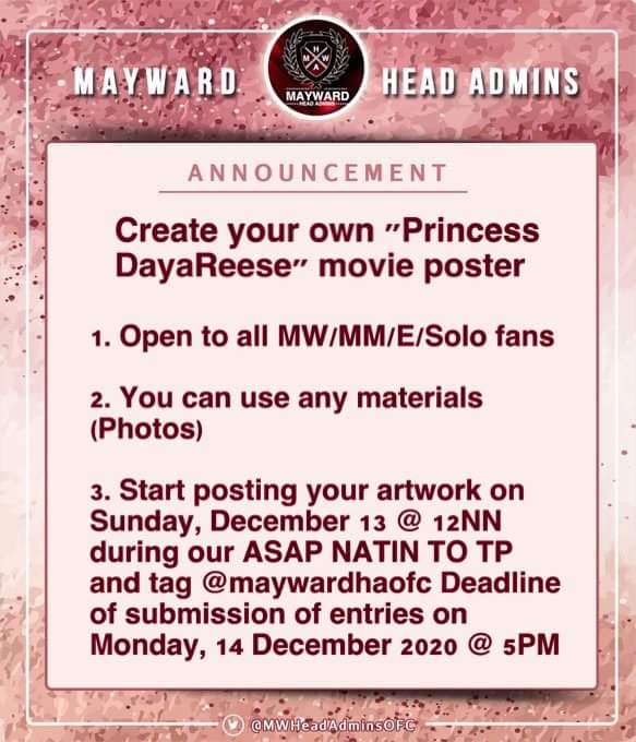 MWTFC_ladies's tweet photo. Create your own "PRINCESS DAYAREESE" movie poster

Pls read mechanics on the attached pics.

For clarifications, kindly DM @MAYWARDHAOFC and/or any of the officers. 

Thank you!
Sali kayo guise!!!! 🤗

#MayWard 

@maymayentrata07 @Barber_Edward_ https://t.co/7IxbjDHfYC
