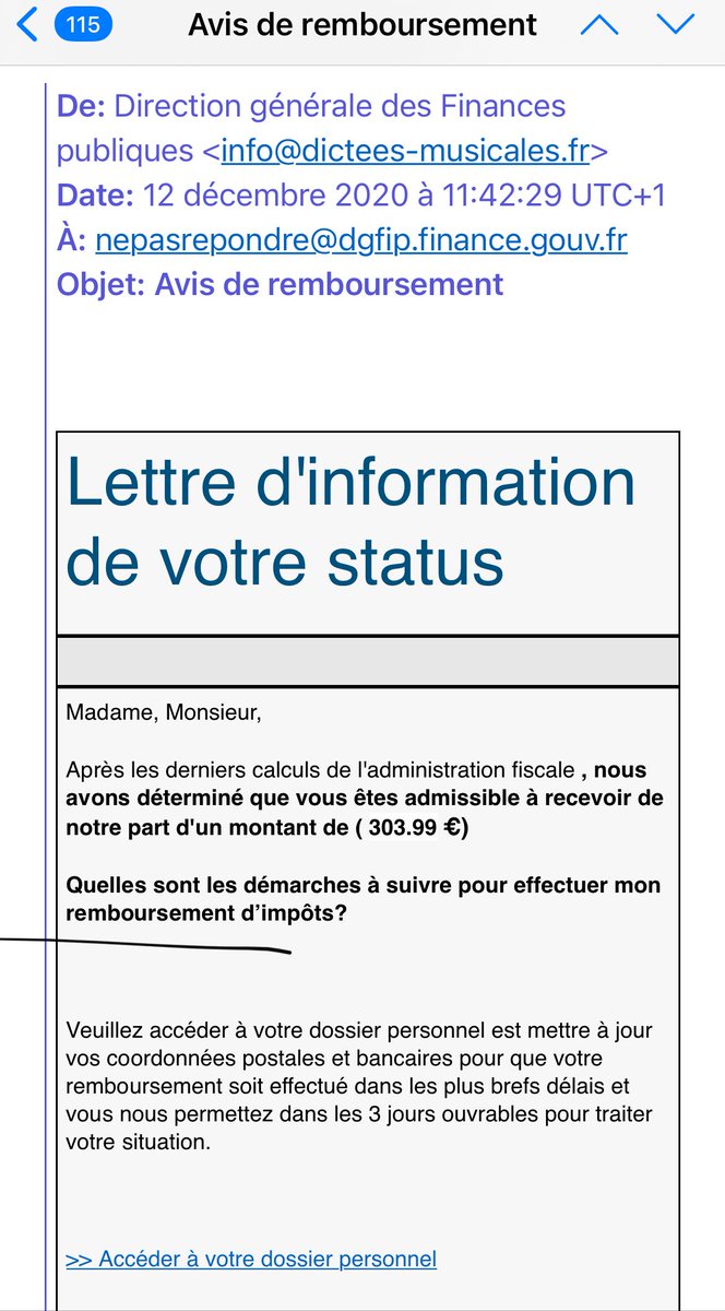 gbillois's tweet photo. 🔥 Attention #arnaque #phishing en cours !
Tous les bons ingrédients sont là: 
/ l’urgence : 48h pour répondre🚨
/ l’émetteur : les impôts💰 
/ l’envie : 300€, toujours bien pour Noël🎄 
Mais c’est assez grossier avec les fautes usuelles  et l’expéditeur bidon
#AFaireCirculer https://t.co/H7bFZTl3O7