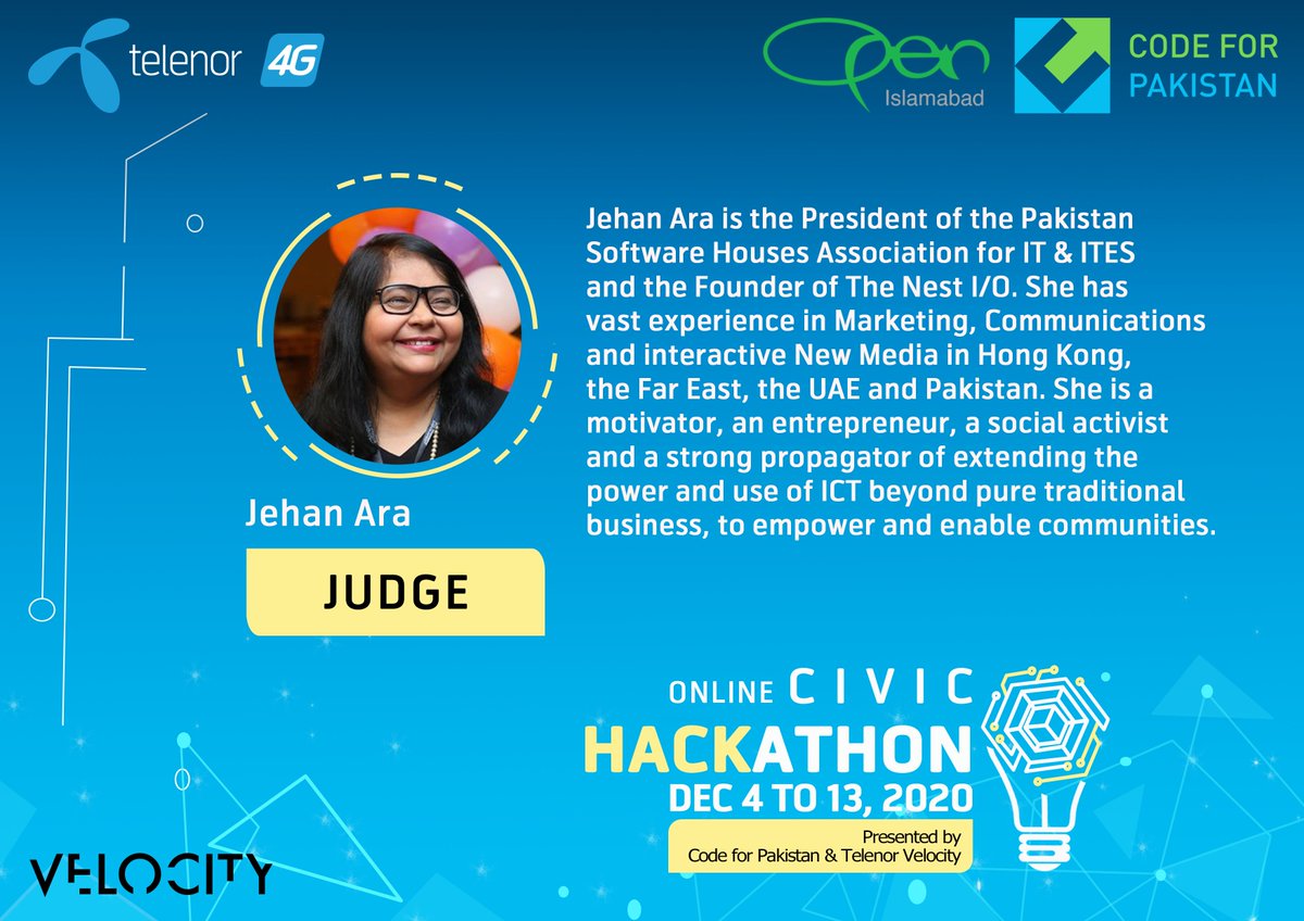 CodeforPakistan's tweet photo. We’re excited to have @jehan_ara join us a judge for the Civic Hackathon 2020! #cfphacks https://t.co/YoEQVPHYYO