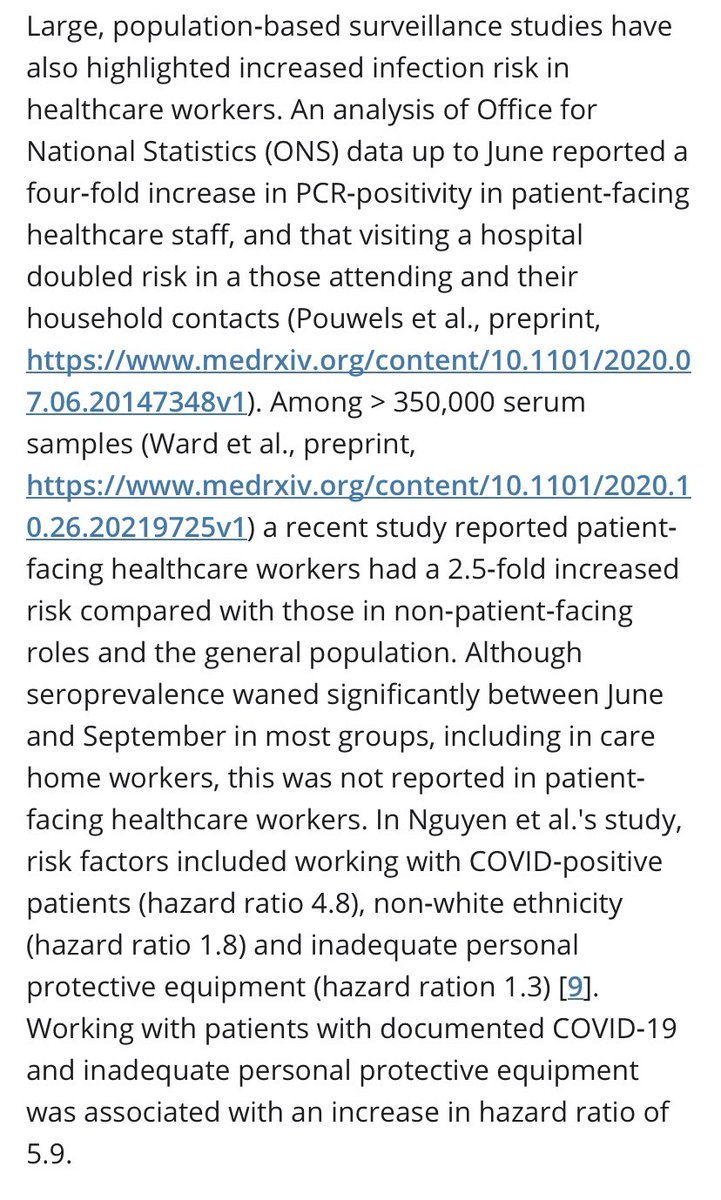 Notably the increased risk to healthcare workers does not extend to non-frontline staffBut it does to household contacts of frontline staff (broadly 2x normal risk)Relative increased for healthcare staff has not decreased through pandemic - perhaps worsening3/9
