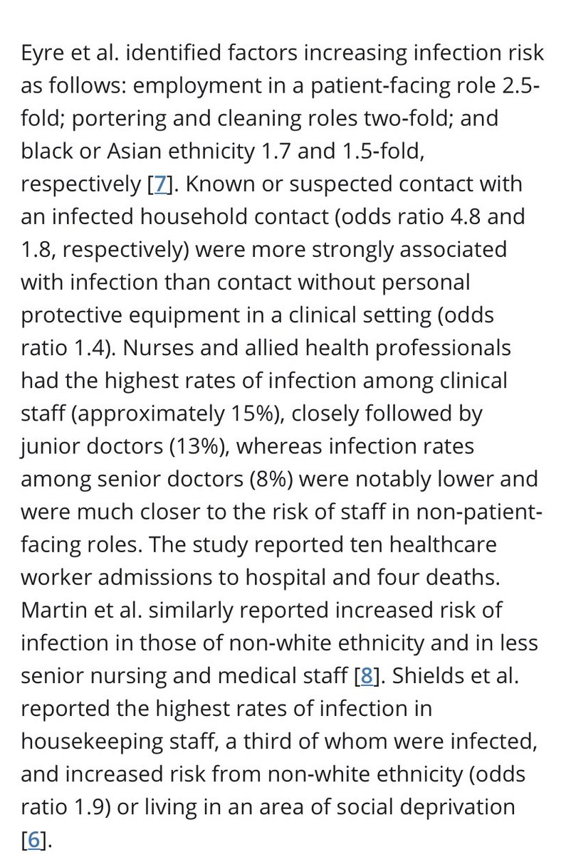 Frontline hospital staff are 2-4x more likely then others to get COVID infectionNotably-everyone near pts not just clinical staff-nurses > doctors -juniors > seniors-non-white > white-deprived > non-deprived2/9