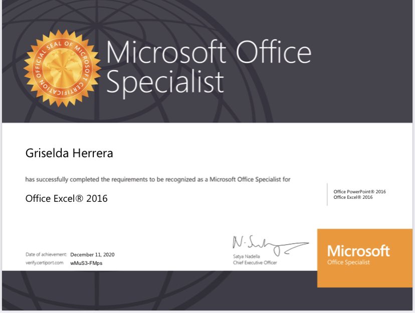 SISD_CommEd's tweet photo. @SISD_CommEd offers multiple certifications in Microsoft Office @Office just like the ones achieved by @SISD_CommEd students Griselda Herrera, Monica Escalante, &amp; Gladys Rodrigues  who are now @Microsoft Excel certified. Interested? Call (915) 937-1700. #TeamSISD https://t.co/aRPhQiqAkd