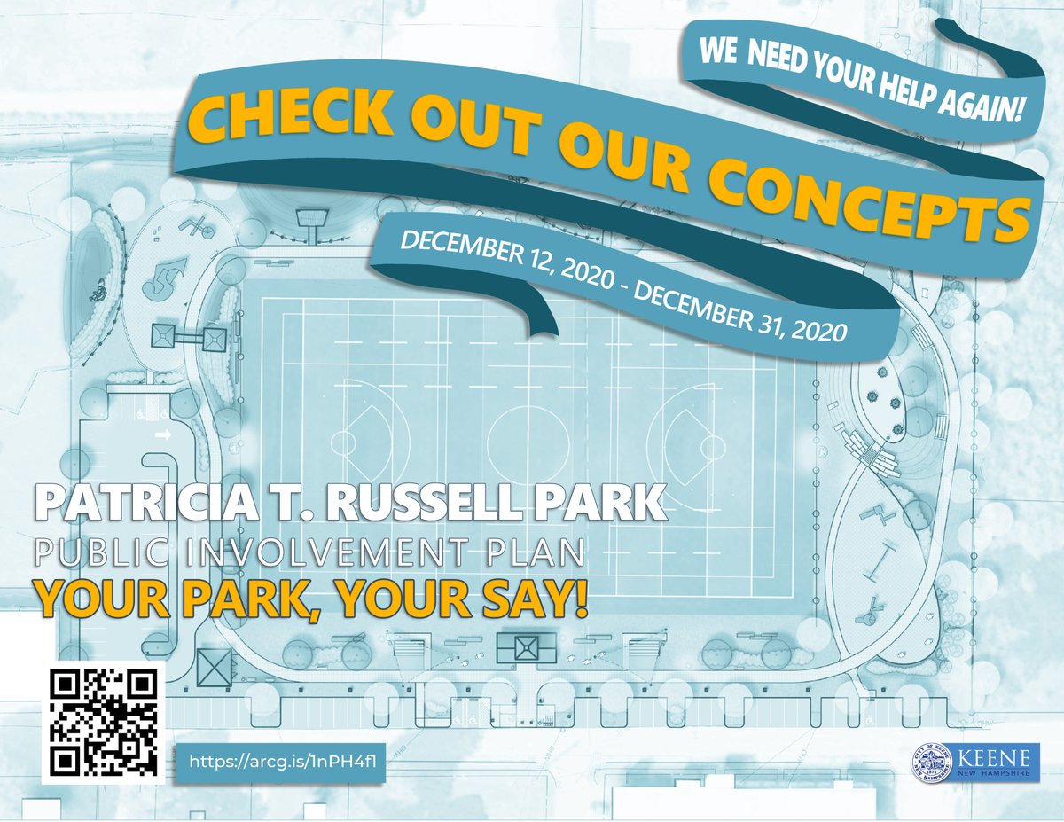 KeeneRecreation's tweet photo. The renovation of Patricia T. Russell Park has entered its next phase and we need your help again! Use the QR code to visit the updated website where you will see two different initial designs and be able to provide feedback. https://t.co/6zFWwxJ5if https://t.co/ZMzL2WdZsm