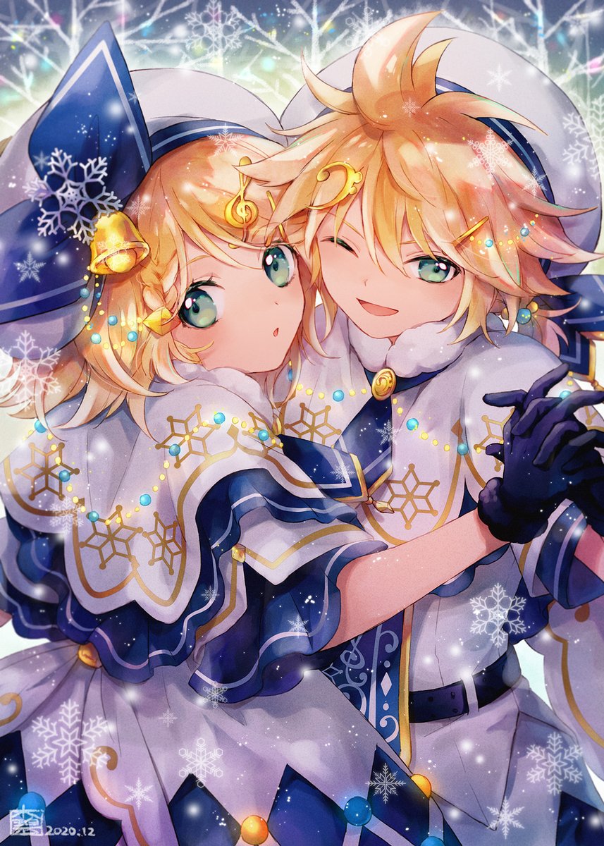 kagamine len ,kagamine rin 1girl 1boy hair ornament gloves hat holding hands capelet  illustration images