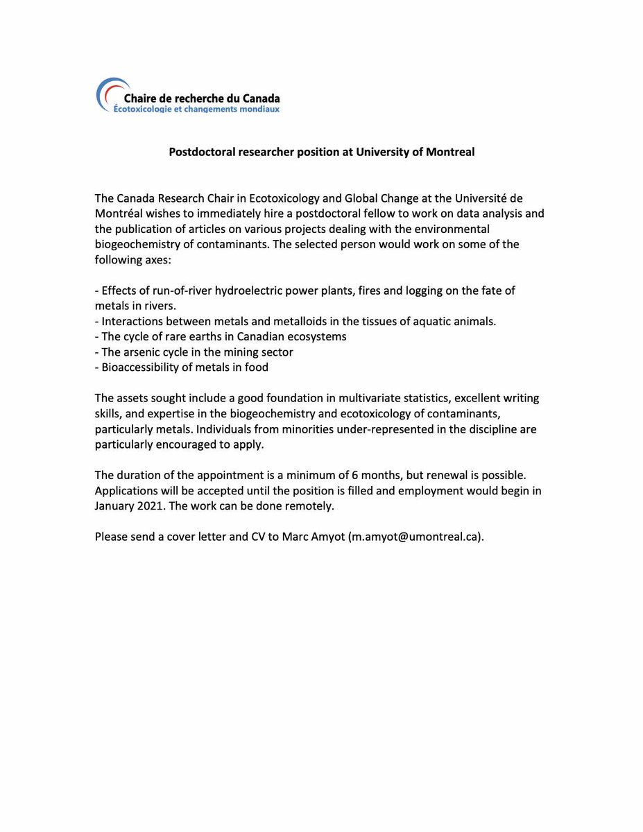 New postdoctoral position at the Canada Research Chair in Global Change Ecotoxicology!