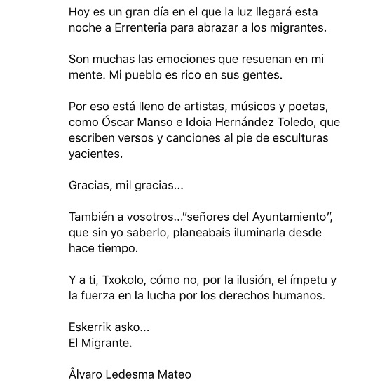 alvaroledesma's tweet photo. Hoy es un gran día en el que la luz llegará esta noche a Errenteria para abrazar a los migrantes...

#migrante #derechoshumanos #errenteria #alvaroledesma #migrantea https://t.co/bRGV5Kp0lD