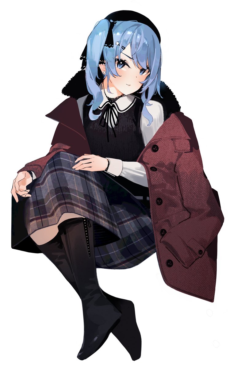 hoshimachi suisei 1girl solo blue hair boots skirt blue eyes white background  illustration images