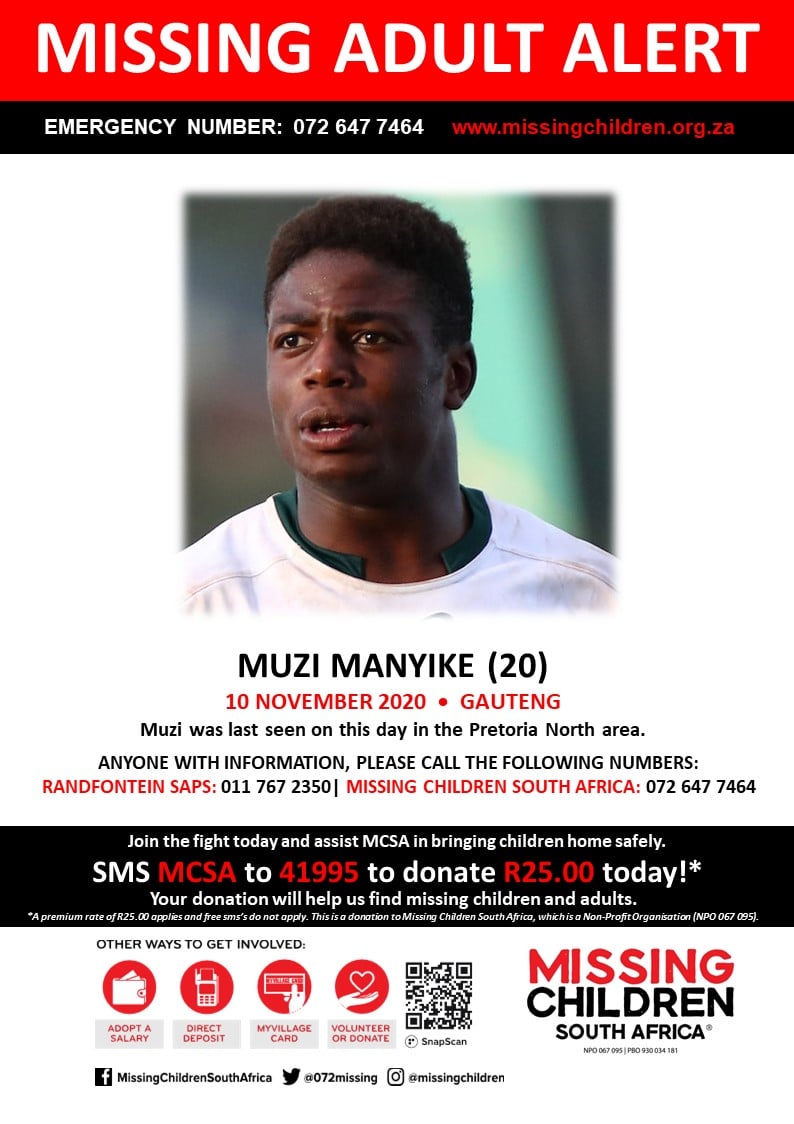 Where are you Muzi Manyike? 

He was last seen in #Pretoria on November 18. 

Please assist by sharing this poster on your social media channels.

Contact <a href="/072MISSING/">Missing Children SA</a> or <a href="/ThePinkLadiesOr/">The Pink Ladies Org</a> if you have any leads...

blitzbokke.com/2020/12/06/pro…