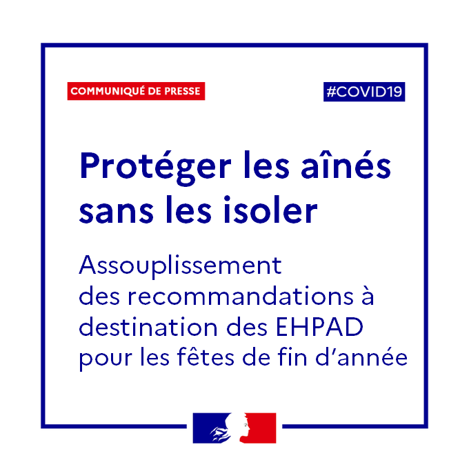 Sante_Gouv's tweet photo. Communiqué  🗞Protéger les aînés sans les isoler : un protocole précise les recommandations relatives à l’organisation des établissements pour personnes âgées pendant la période des fêtes de fin d’année. #ehpad
Lire le communiqué  👉 https://t.co/8quh7QARDl https://t.co/RxHjFAw7k6