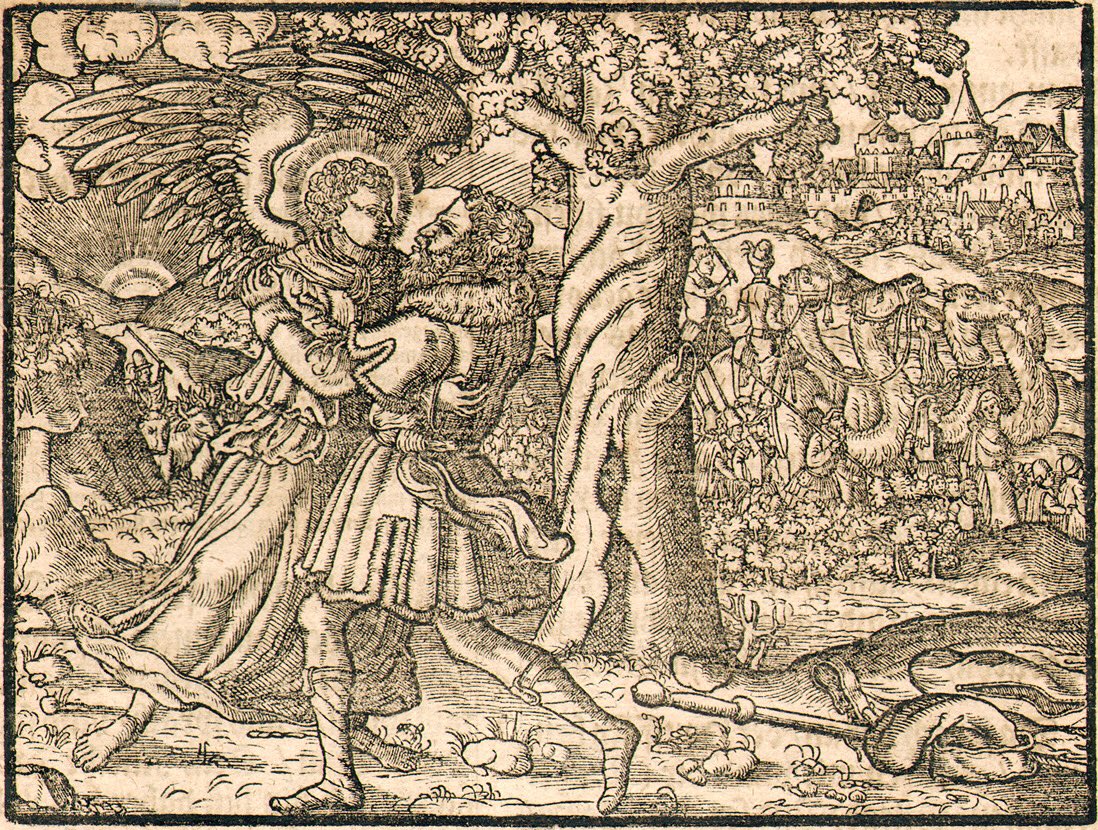 Jacob struggles with the angel by Gutenberg Bible (1558)