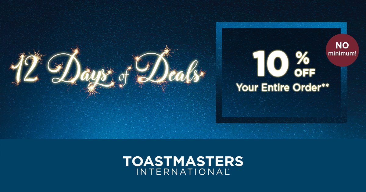 Toastmasters's tweet photo. Don’t miss your chance to save on everything ! Today is the final day of deals!
Deal: 12 10% off your entire order
**Use promo code: DAY12 
**Offer valid December 12-13, 2020
** Excludes gift certificates, portable lectern and portable banner stand
https://t.co/ixUOhR0sqC https://t.co/NwXEXK2wtH