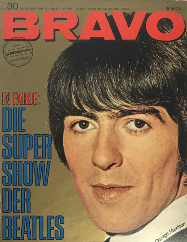 George & #RingoStarr on the flight to Munich, June 1966. Bravo's Thomas Beyl, was sent to accompany #TheBeatles. Beyl also presented them with copies of Bravo & Bavarian hats. Photo 2: #GeorgeHarrison on the cover, July 1966.
