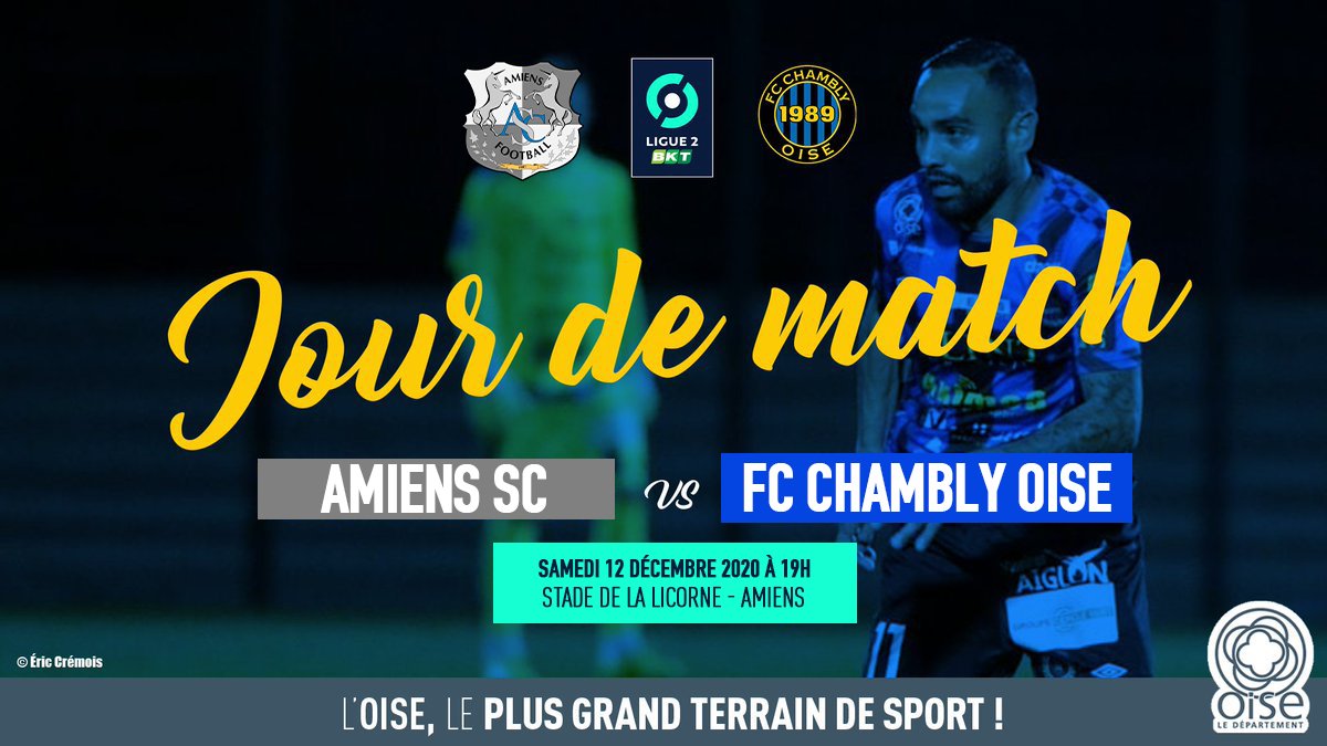 #Football ⚽️🦵
Journée 15 <a href="/Ligue2BKT/">Ligue 2 BKT</a> 
Ne lâchez rien ! 💪
Aujourd'hui, l'équipe Camblysienne affronte <a href="/AmiensSC/">Amiens SC</a>  au Stade de la Licorne à #Amiens 🏟
🕖 Début du match à 19h - Huis clos.
Tout le Département derrière le <a href="/FCCOISE/">FC Chambly Oise ⚽️</a>  ! Allez #Chambly !