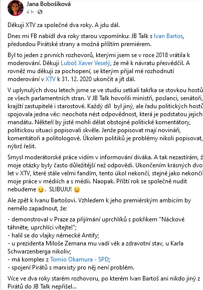 vojber's tweet image. Jana Bobošíková končí v XTV a na rozloučenou účtuje s Pirátem Bartošem, co by prý o něm "nemělo zapadnout". No, z působení Bobo na XTV by určitě neměl zapadnout tento rozhovor s jejím chlebodárcem a vzorem Xaverem Veselým, když kandidoval do Rady ČT. Hotová učebnice žurnalistiky