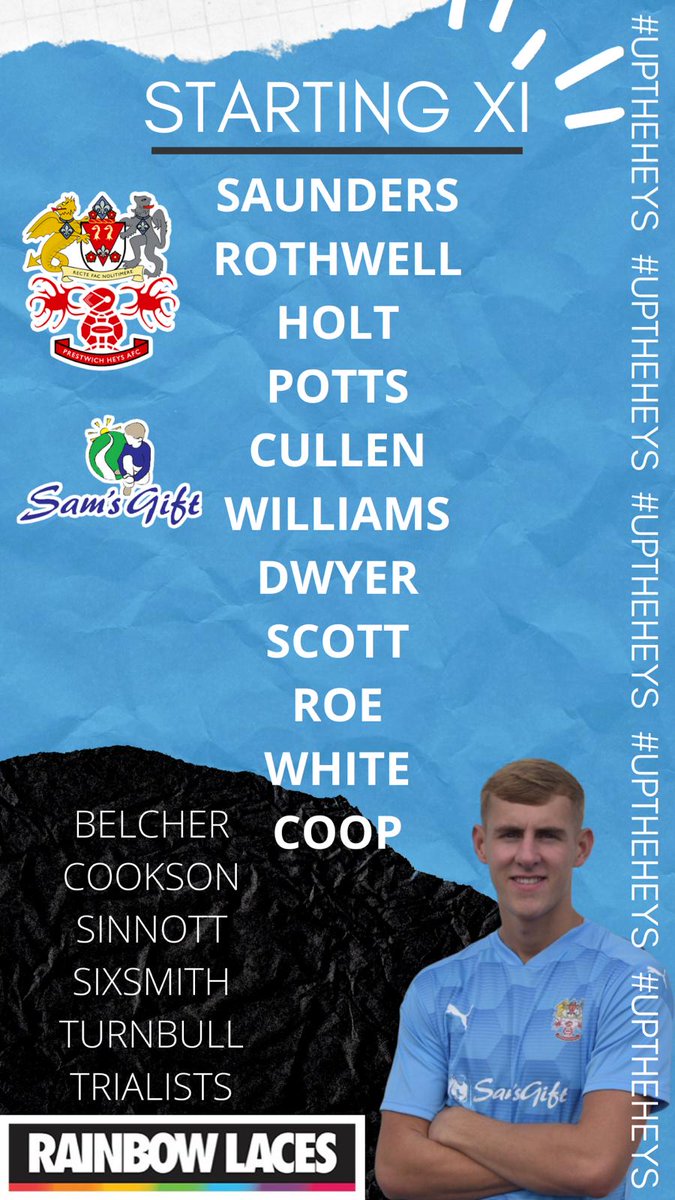 PrestwichHeysFC's tweet photo. Here's your starting XI for the friendly at @Steetonfc
Enjoy the fancy new layout for the team sheet 👀
#STEPRE #UpTheHeys https://t.co/D14Lf6tV4h