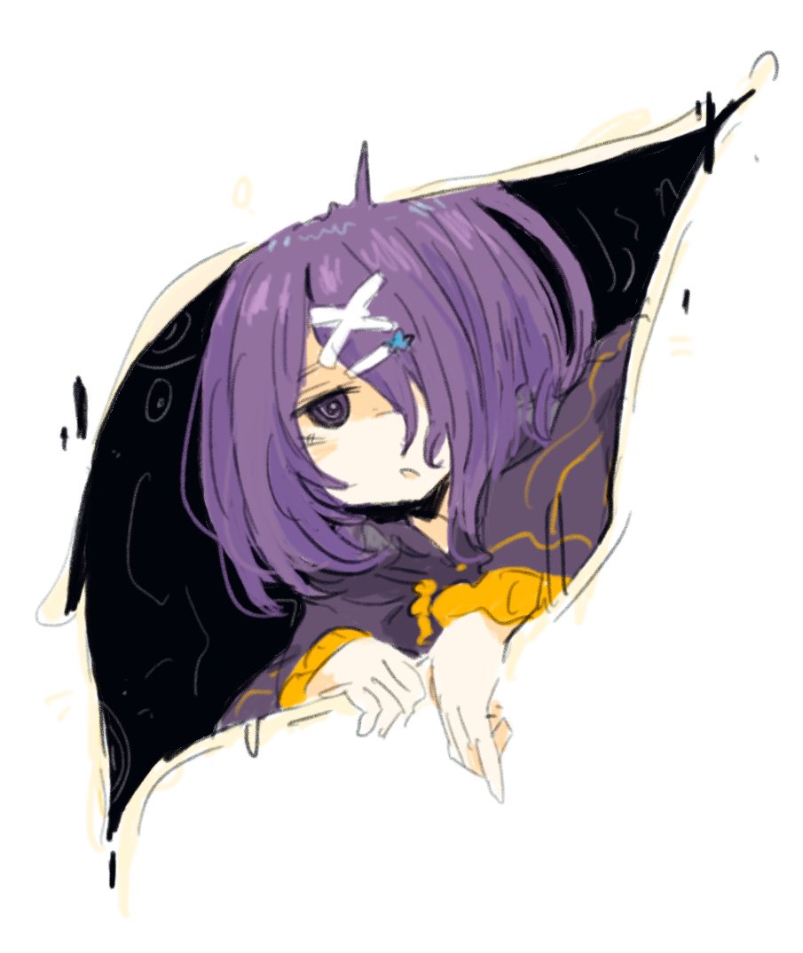 1girl purple hair hair ornament hair over one eye solo purple eyes long sleeves  illustration images