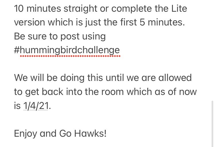 Join Coach Dave and the team in completing the #hummingbirdchallenge retweet using #hummingbirdchallenge and post your time lapse video to join in.