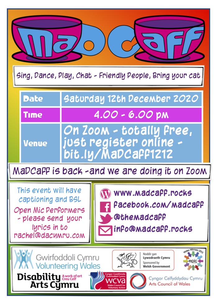 DACymru's tweet photo. What are you doing at 4pm today? Nothing? Wrong answer. Get yourself along to MaDCaff &amp; enjoy and a relaxed 2 hours of amazing performances. You can register at any time, Zoom sends you an email which you must watch out for because Spam loves those emails.
https://t.co/svgjMtj8V9 https://t.co/uLTHHjw2W8