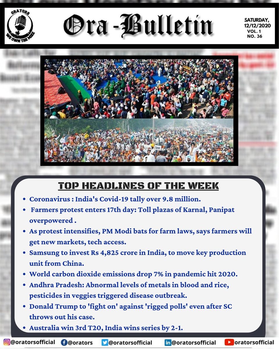 oratorsofficial's tweet photo. Ora-Bulletin: Top Headlines Of The Week
#Orators #headline #news #NewShot #FarmersProtests #COVID19 #WeOwnTheMike https://t.co/8IcvciVPYk
