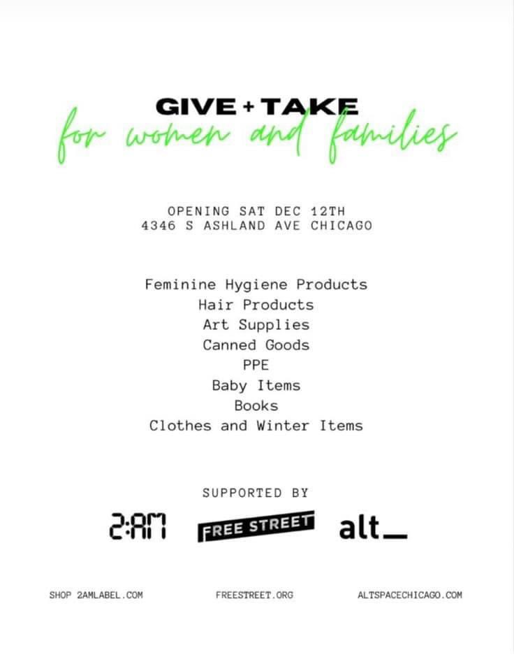 So excited! We’ve been working with <a href="/Alt__Chicago/">alt_</a> and <a href="/2amlabel/">2am</a> to turn the <a href="/FreeStTheater/">Free Street Theater</a> Storyfront in Back of the Yards into a free market where people can take what they need and leave what they can! It kicks off today!
