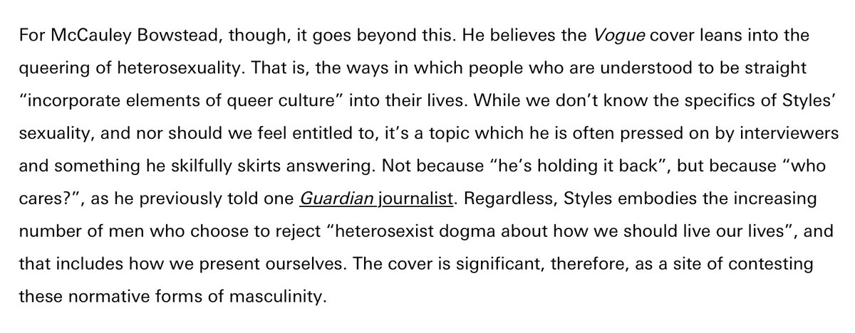 November 2020. In response to Harry’s dress controversy, Dazed accuses him of queering heterosexuality and calls him a publicly straight white man.  https://www.dazeddigital.com/fashion/article/51147/1/harry-styles-vogue-december-cover-dress-gender-fluid-gucci-tyler-mitchell