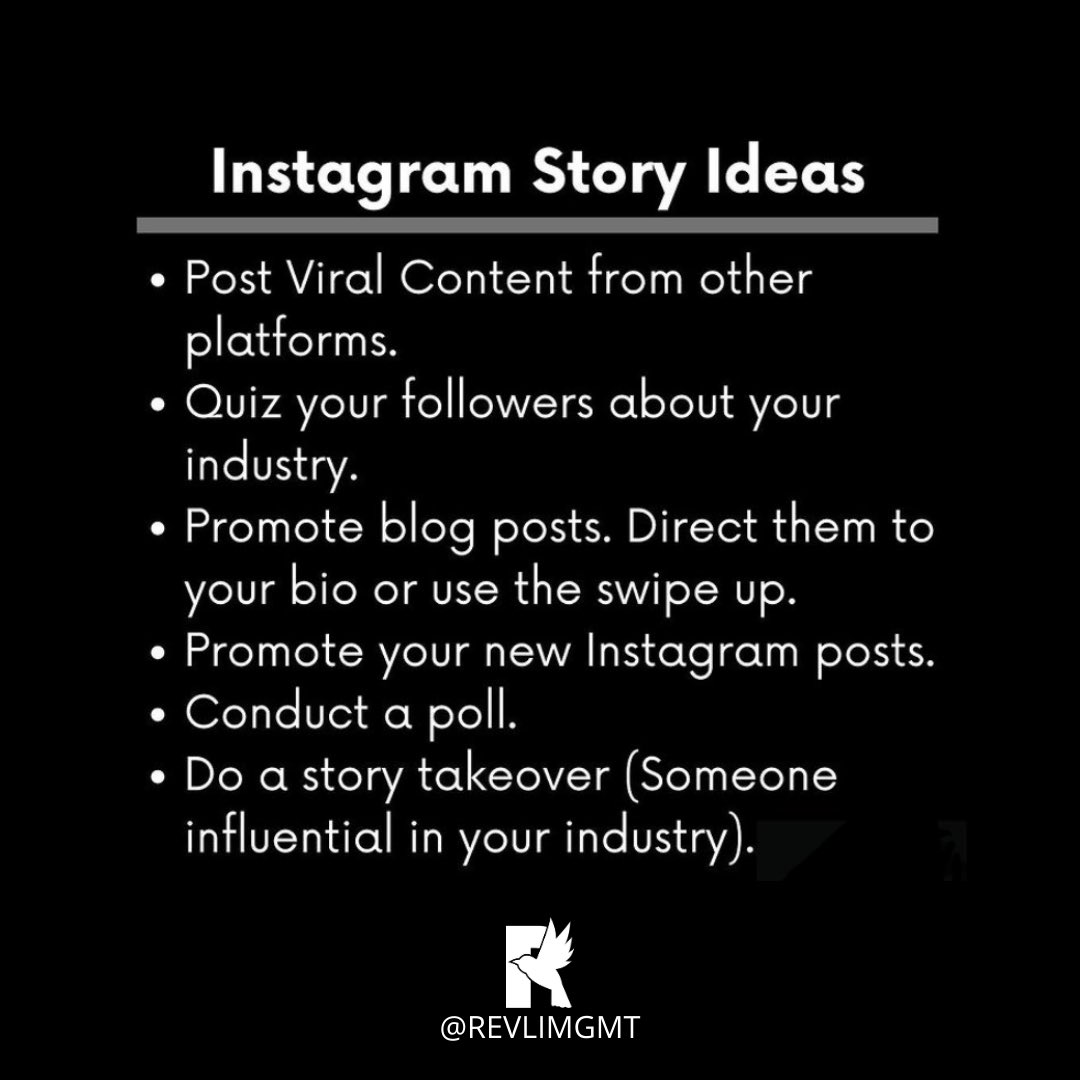 revlimgmt's tweet photo. Here is some #Instagramstory content ideas. 

Email us now about our #SocialMedia Management and consulting info@REVLIMgmt.com 

Tag a friend 
#revlimgmt https://t.co/p7LGB8Lzij