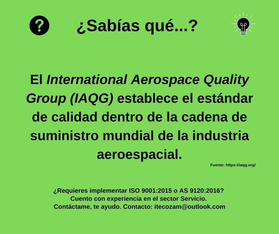 tecozam's tweet photo. 🟢⚫️¿Por qué es importante la #IAQG para los estándares de #calidad de la industria #aeronáutica? 🤷‍♀️🤷‍♂️🤔✈️👇
#AS9100 #AS9110 #AS9120 #ISO9001 #ISO #SGC #QMS #SabíasQué https://t.co/a5FyrxBrOQ