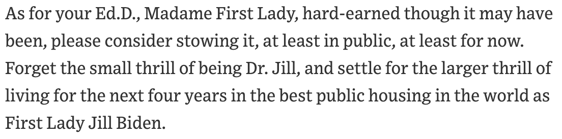 You've probably seen the screenshot of the sexist first paragraph of that wretched shitpile of a "column" in the WSJ by Prof. (not Dr.) Joseph Epstein. The whole thing is a smug fart into his hand and sniffing it. But check out the last paragraph.