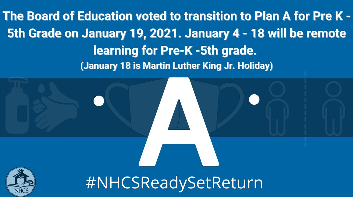 NewHanoverCoSch's tweet photo. The Board of Education voted to update the transition to Plan A for the district for Pre K - 5th grade students. Pre K- 5th grade will transition to Plan A on Tuesday, January 19, 2021. #nhcschat #nhcsreadysetreturn https://t.co/HiBjXaqULU