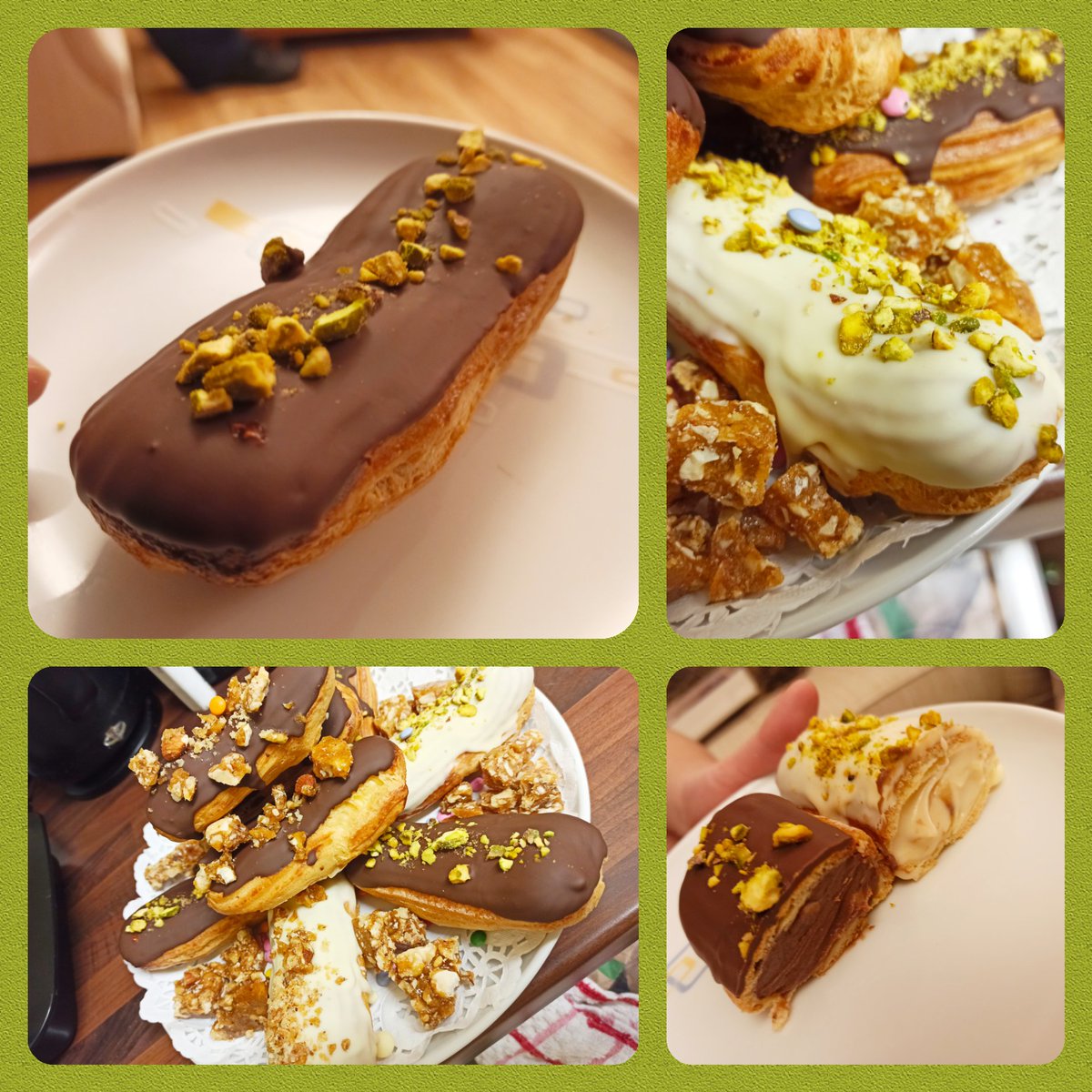 Homemade Eclairs in different flavours with mixed nut brittle.
Flavours: vanilla fresh cream, chocolate creme pat, white chocolate creme pat with pistachio 🥧🍰👨‍🍳🍩🧁