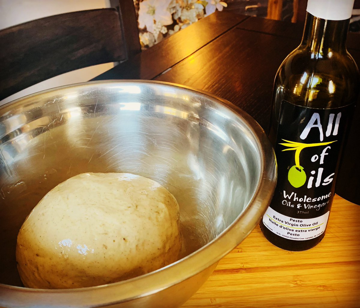 The beginning of a Rosemary Thyme Focaccia Bread using this amazing Pesto Infused extra virgin  Olive oil from @allofoils . This Olive oil tastes like Parmesan without the cheese! It’s incredible😊 #allofoils #foccacia #baking #breadmaking