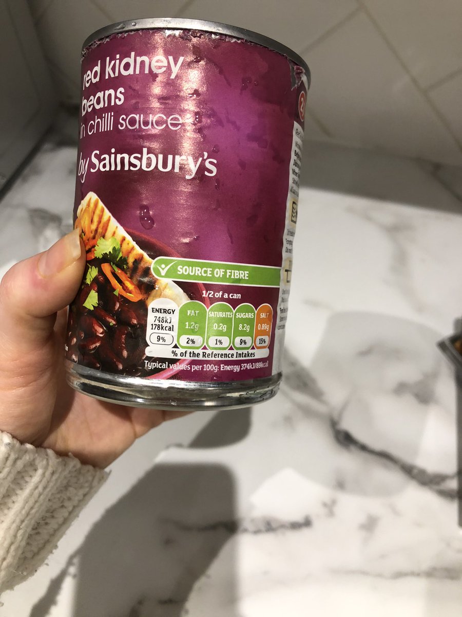 NaomiSWoodford's tweet photo. @sainsburys accidentally got the kidney beans in chilli sauce. Put them in my dinner and thought it tasted very sweet. Read the tin and half a can of this contains 1/3 the sugar intake women are meant to have daily. Ridiculous! Why do you pump your food full of sugar? #sainsburys https://t.co/QnrPB6mMrL