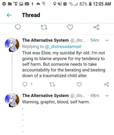 Okay so the time between the photo and the end of the blackout was under 10 minutes. So it was like eh 11:10ish in my timezone when she posted the more recent one. No apology. Just blaming for hurting a child alter, which didn't happen. No one attacked Elsie.