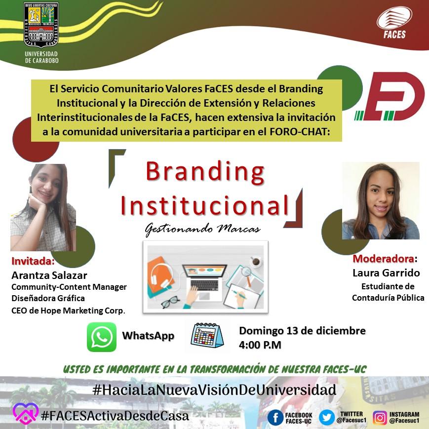 facesuc1's tweet photo. Se invita a la comunidad universitaria a participar en el Foro-Chat "Gestionando Marcas" organizado por el Servicio Comunitario Valores FaCES desde el Branding Institucional y la Dirección de Extensión Campus La Morita. https://t.co/hrn8JbsJyd