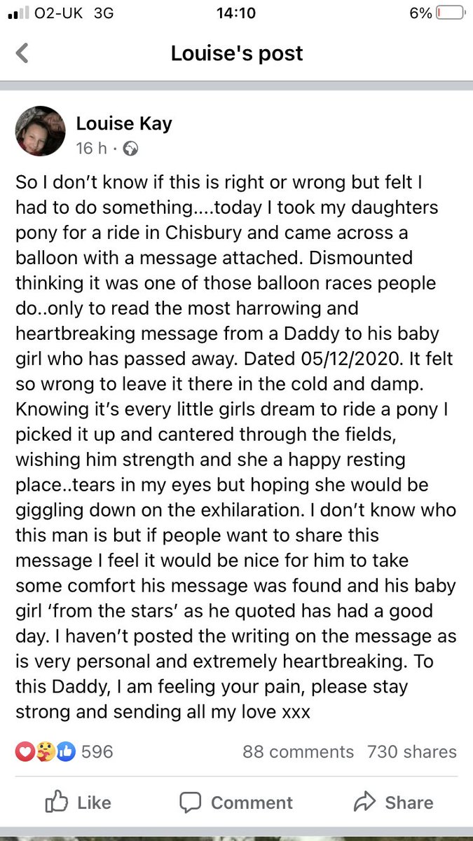 stephiekeachie's tweet photo. A lovely lady in one of the FB riding forums I’m on was out exercising her horse and came across a balloon with a heart breaking message from a dad to his baby girl please see the original post below. @emmakennytv @KirstieMAllsopp @ThisisDavina https://t.co/lBnnbZ3RRL