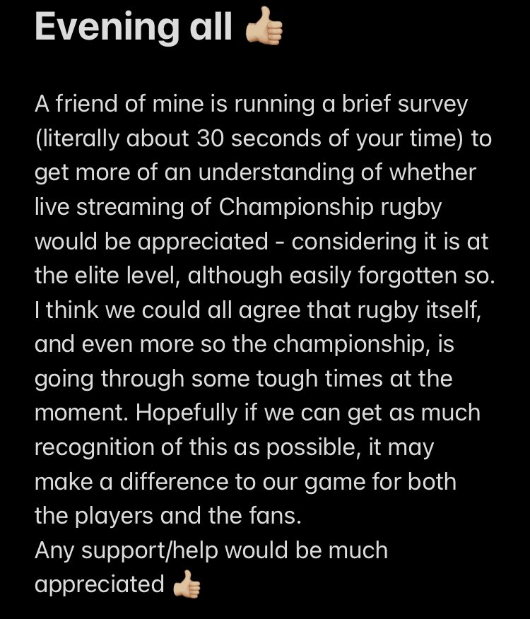 Hi all, please take a min to read message attached. As I say, any support would be much appreciated. Please find link to survey below;

docs.google.com/forms/d/156crV…

<a href="/champrnews/">Championship Rugby</a> 
<a href="/CoventryRugby/">Coventry Rugby</a> 
<a href="/BedfordBluesRFC/">Bedford Blues</a>